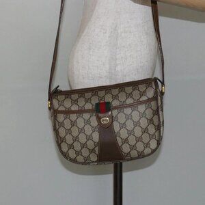 GUCCI GG Canvas Web Sherry Line Shoulder Bag PVC Leather Beige Red Auth 146151